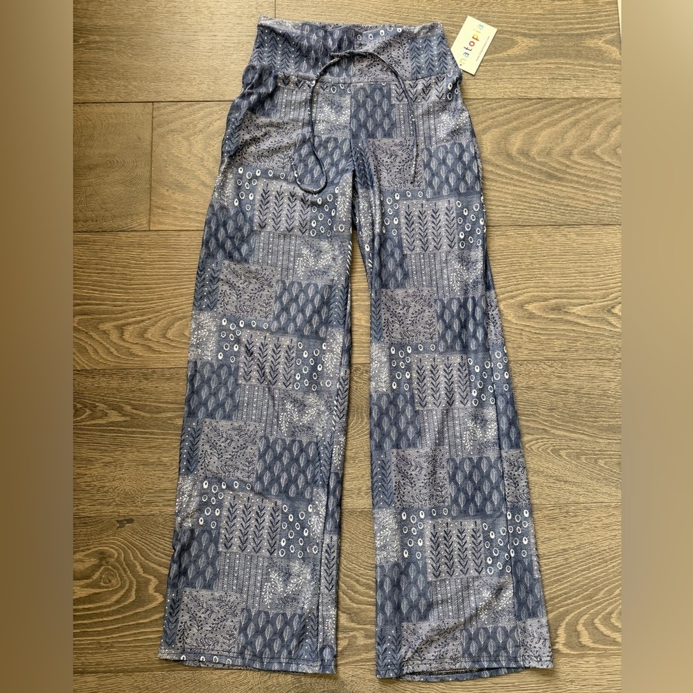 NWT Natopia Wide Leg Feather Print Patchwork Boho Drawstring Pants in Blue OS